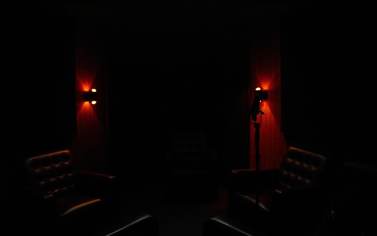 Podcast studio with warm accent lighting